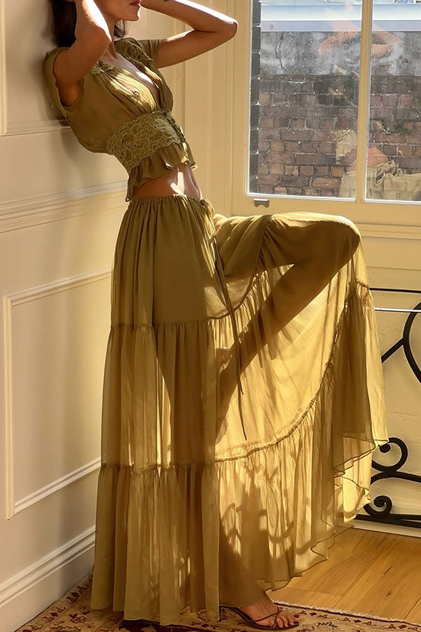 Sabrina Chiffon Lace Trim Button Up Short Sleeve Ruffle Plung Blouse-consonak