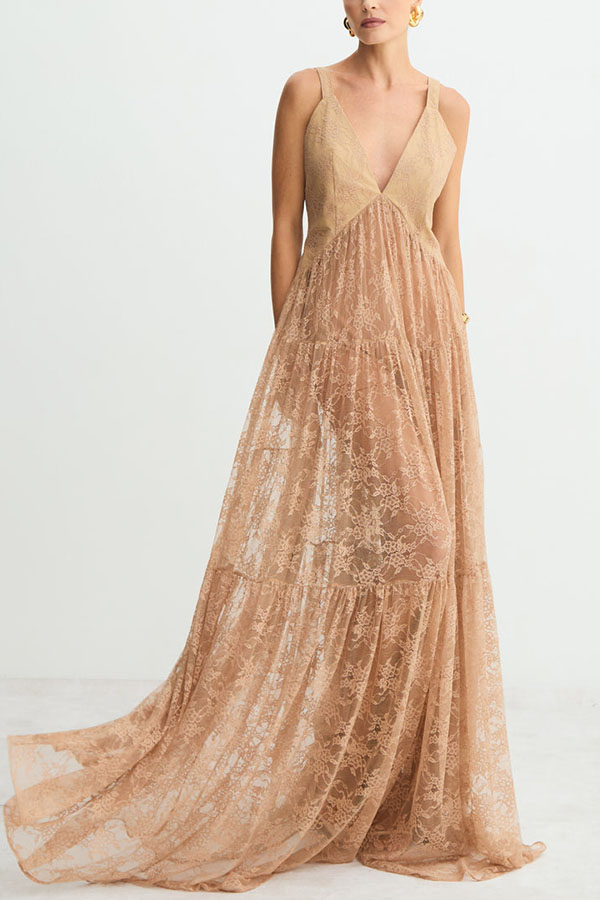 Carissa Floral Lace V-neck Wide Shoulder Straps A-line Maxi Dress-consonak