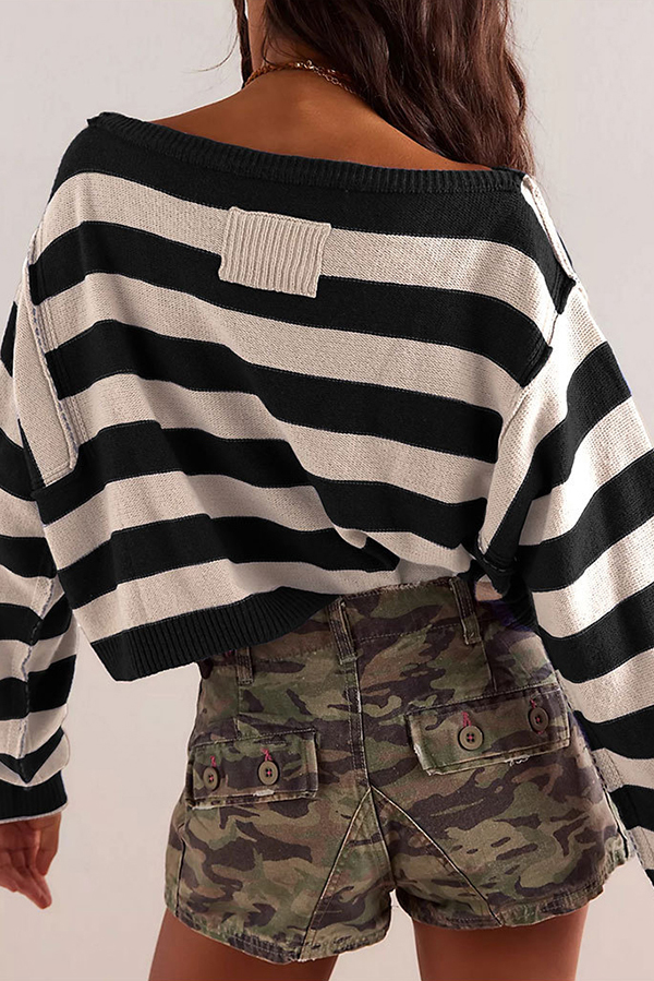 Striped Print Crew Neck Long Sleeve Loose Knitted Sweater-consonak
