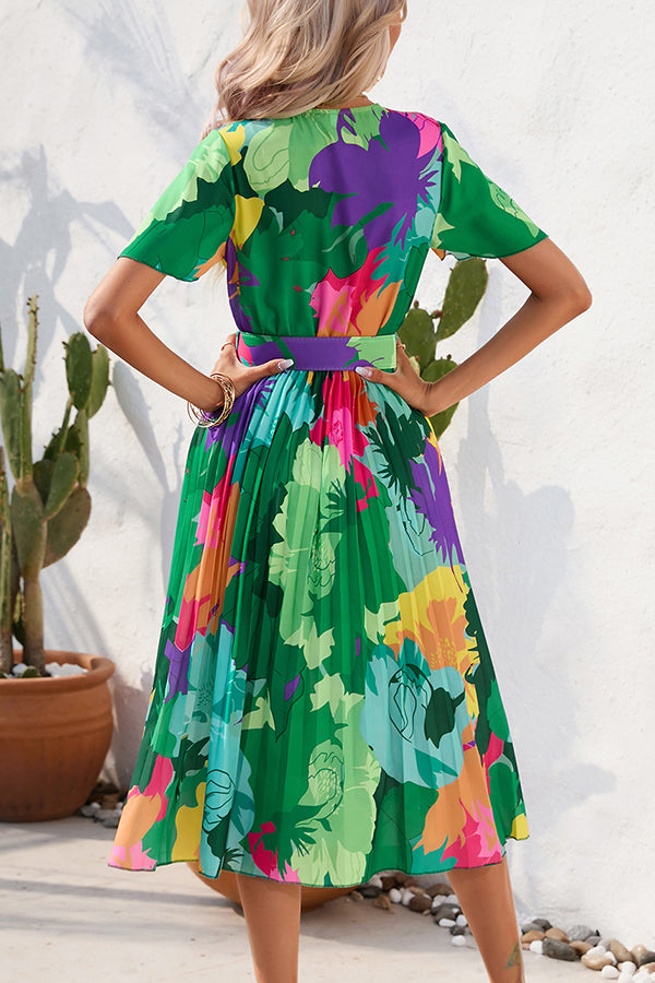 Paulette Contrast Floral Print Belted Pleated Midi Dress-consonak