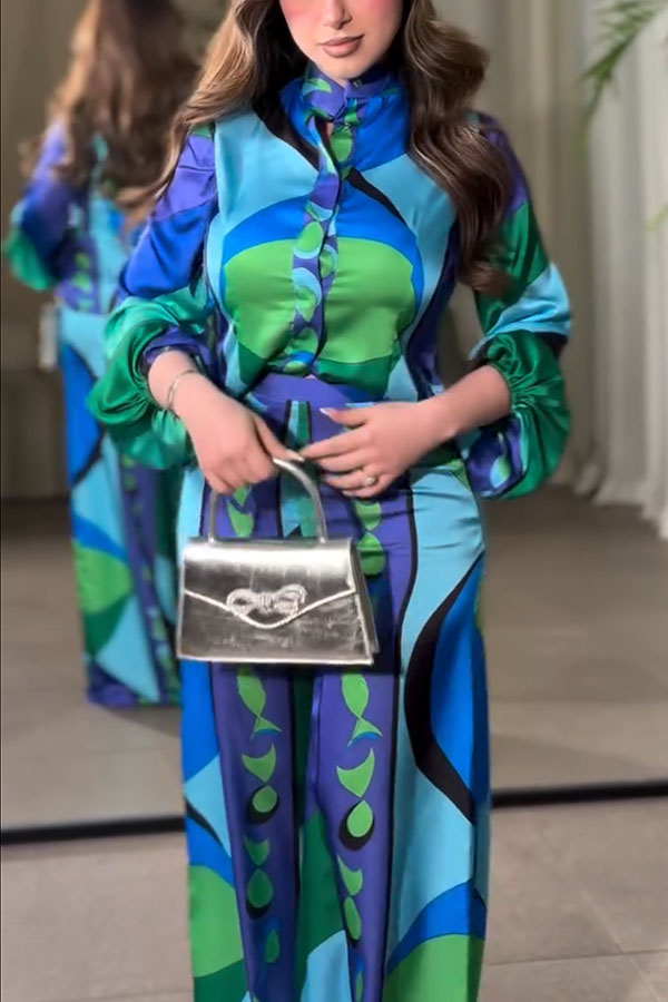 Ellie Satin Unique Print Balloon Sleeve High Low Shirt and Elastic Waist Pocket Loose Pants Set-Consonak