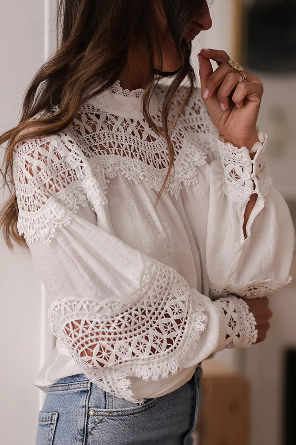 Stylish Hollow-out Patchwork Long-sleeved Elegant Shirt-consonak
