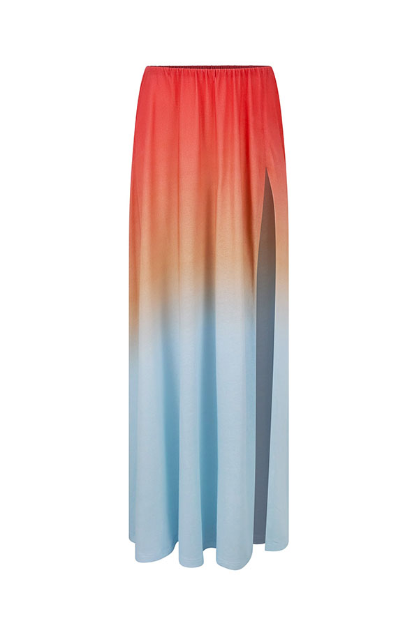 Ocean Sunset Ombré Print Starburst Brooch One Shoulder Tank and Elastic Waist Slit Maxi Skirt Set