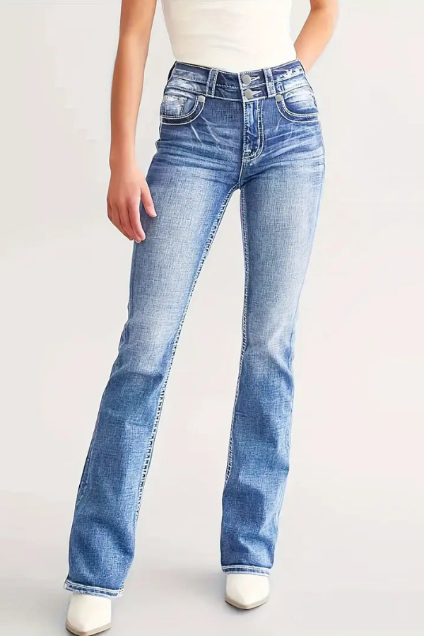 Fashionable Embroidered High-waisted Double-button Stretch Jeans
