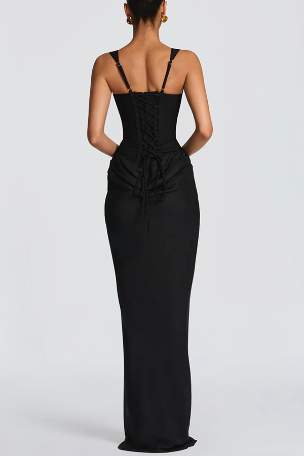Larrah Square Neck Back Lace-up Satin Drape Hem Maxi Dress | Consonak