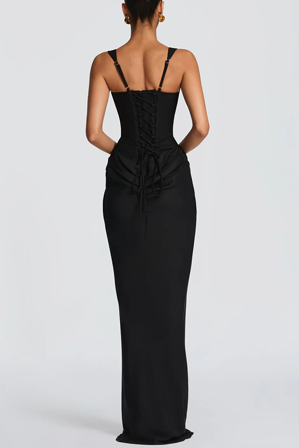 Larrah Square Neck Back Lace-up Satin Drape Hem Maxi Dress-consonak