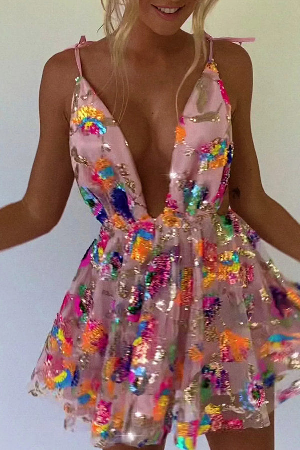 V Neck Open Back Sequined Floral Tie A Line Mini Dress | Consonak