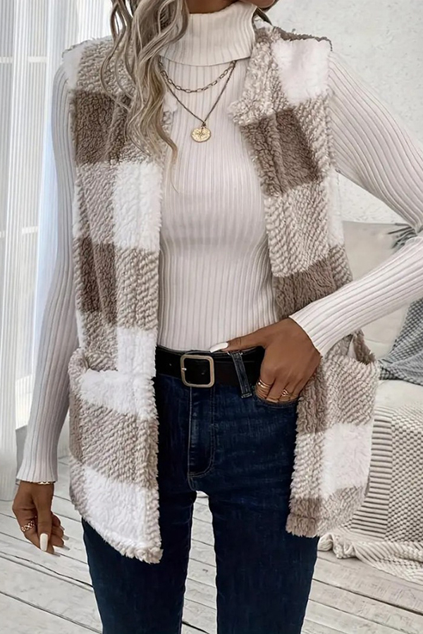 Fashionable Plaid Loose Pocket Sleeveless Jacket-consonak