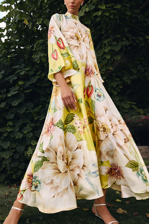 Serene Refinement Color-block Floral High Neck Long Sleeve Fluid Kaftan Maxi Dress