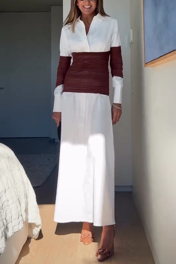 Fashionable Pleated Contrast Patchwork Waist Long Sleeve Button Shirt Maxi Dress-consonak