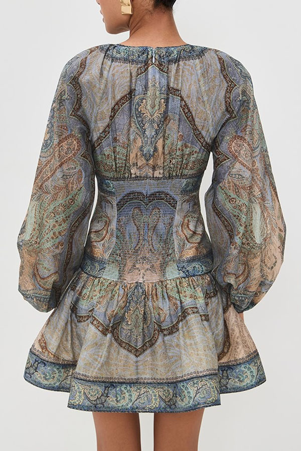 Exotic Style Paisley Print Long Balloon Sleeve Smocked Waist Mini Dress-consonak