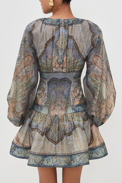 Exotic Style Paisley Print Long Balloon Sleeve Smocked Waist Mini Dress