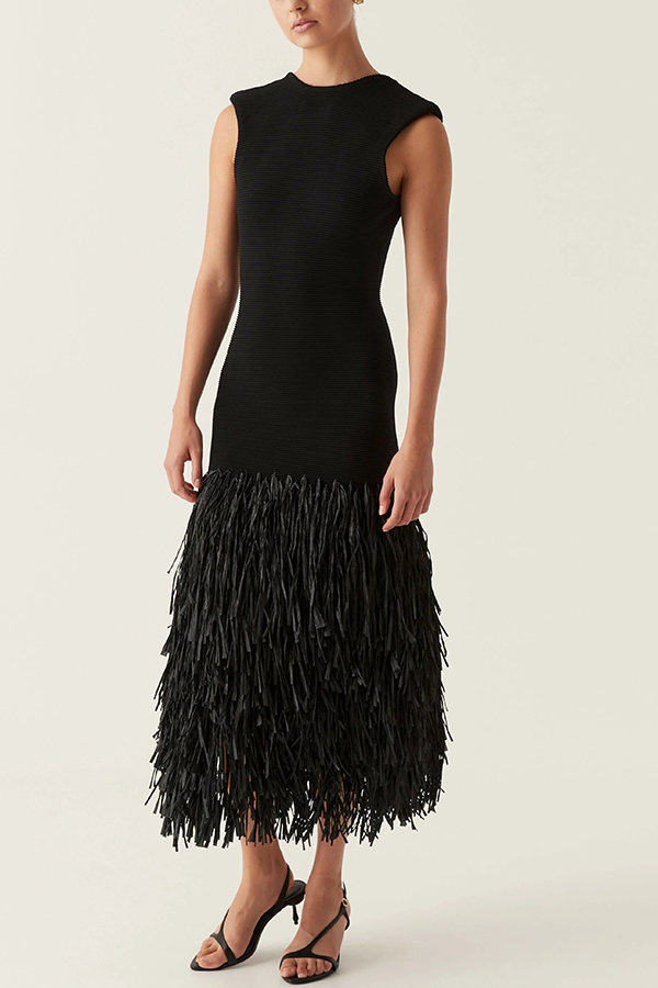 Christie Ribbed Patchwork Tiered Fringed Hem Zipper Backless Maxi Dress-consonak