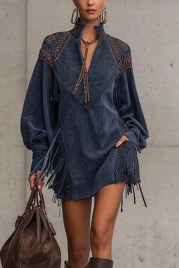 Stylish Suede V-neck Long-sleeved Tassel Loose Mini Dress-consonak