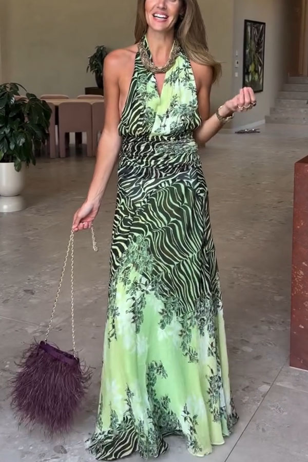 Lyra Floral and Animal Prints Ruched Waist Halter Backless Tank and High Rise Maxi Skirt Set