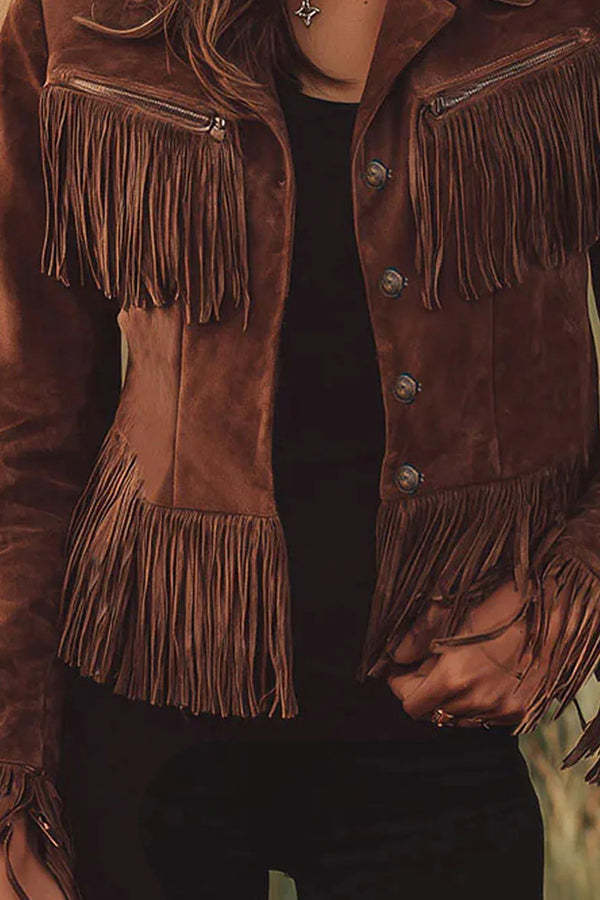 Retro-style Lapel Long-sleeved Tassel Casual Suede Short Jacket-consonak