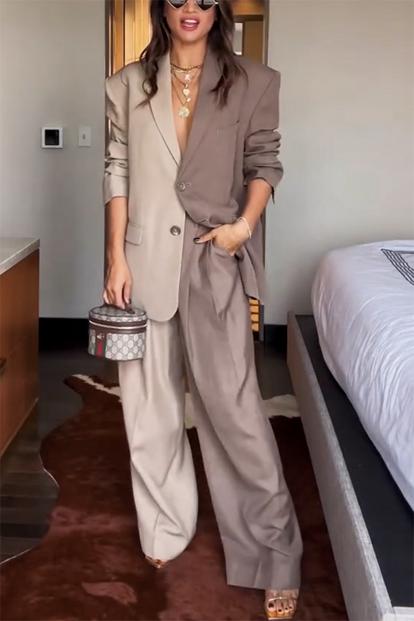 Girl Boss Avant-garde Contrast Colors Lapel Boyfriend Blazer and Pocketed Wide Leg Pants Set-consonak
