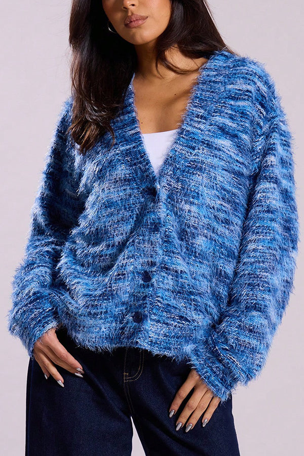 Fashionable Mixed Color Loose V-neck Casual Knit Cardigan-consonak