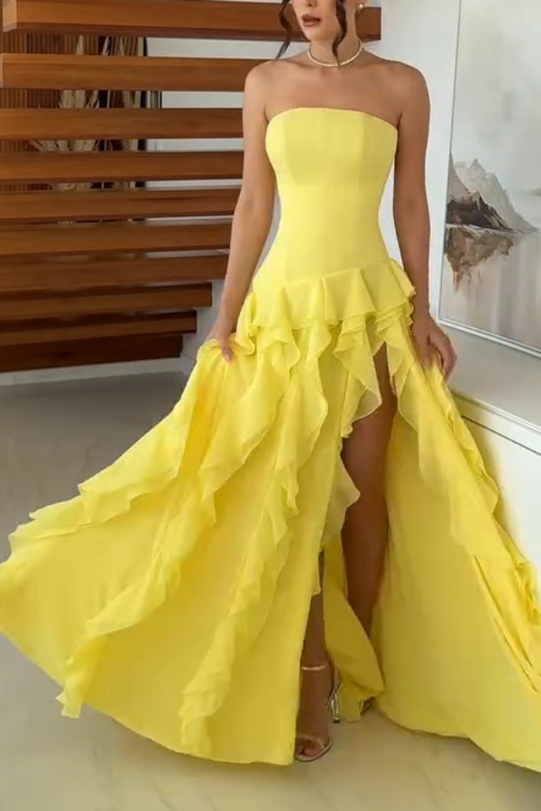 Elegant Sleeveless Off-shoulder Fitted Ruffled High Slit Maxi Dress | Consonak
