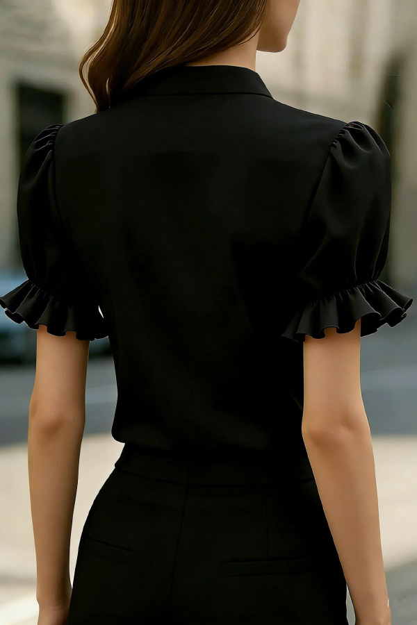 Solid Color Lace Patchwork Stand Collar Puff Sleeve Casual Shirt