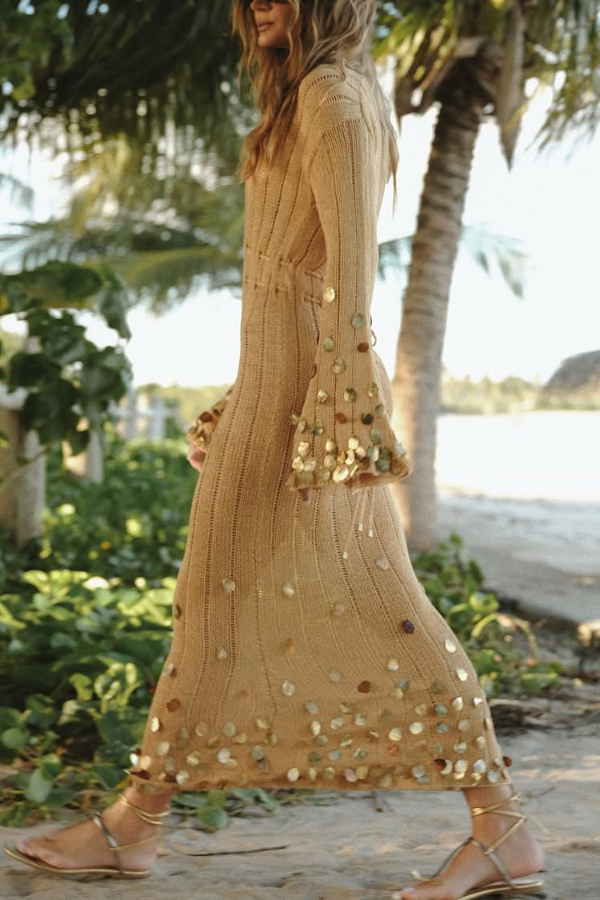 Stylish V-neck Flared Long-sleeved Knit Sequined Maxi Dress-consonak