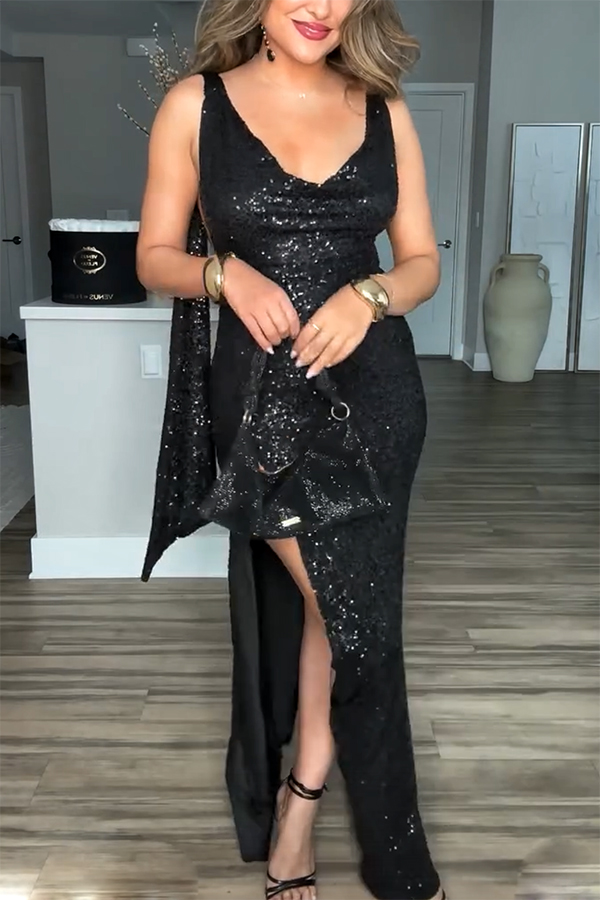 All The Sparkle Sequin Cowl Neck Backless Slit Stretch Maxi Dress-consonak