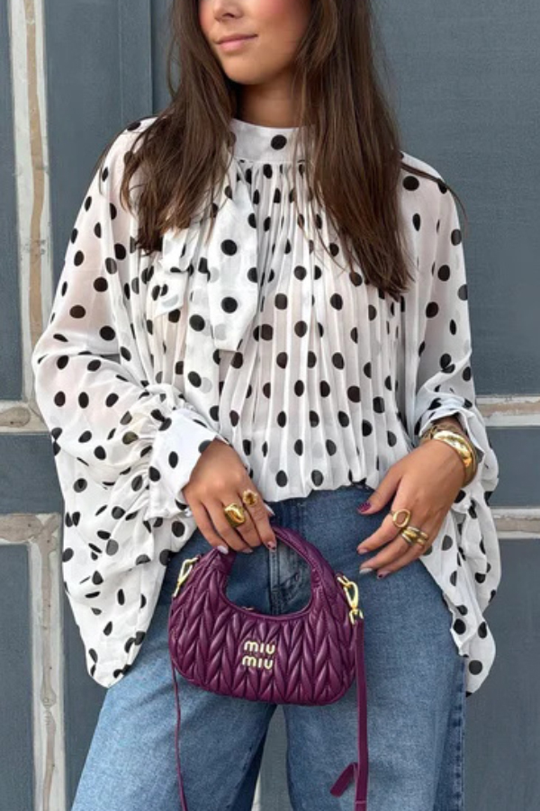 Polka Dot Print Tie-waist Lantern Sleeve Elegant Loose Shirt-consonak