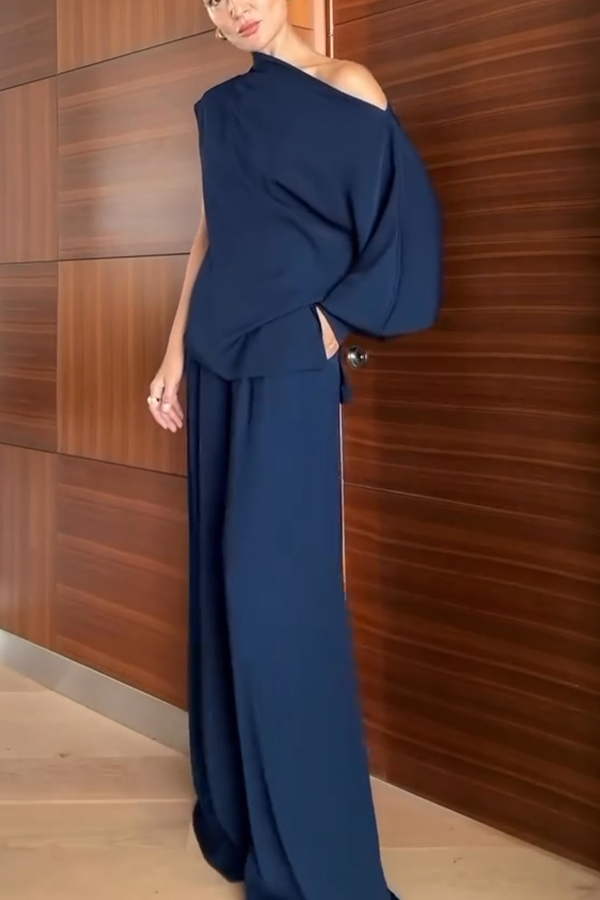 Cleo One Shoulder Irregular Balloon Sleeve Top and High Rise Pleated Button Waist Pocket Loose Pants Set