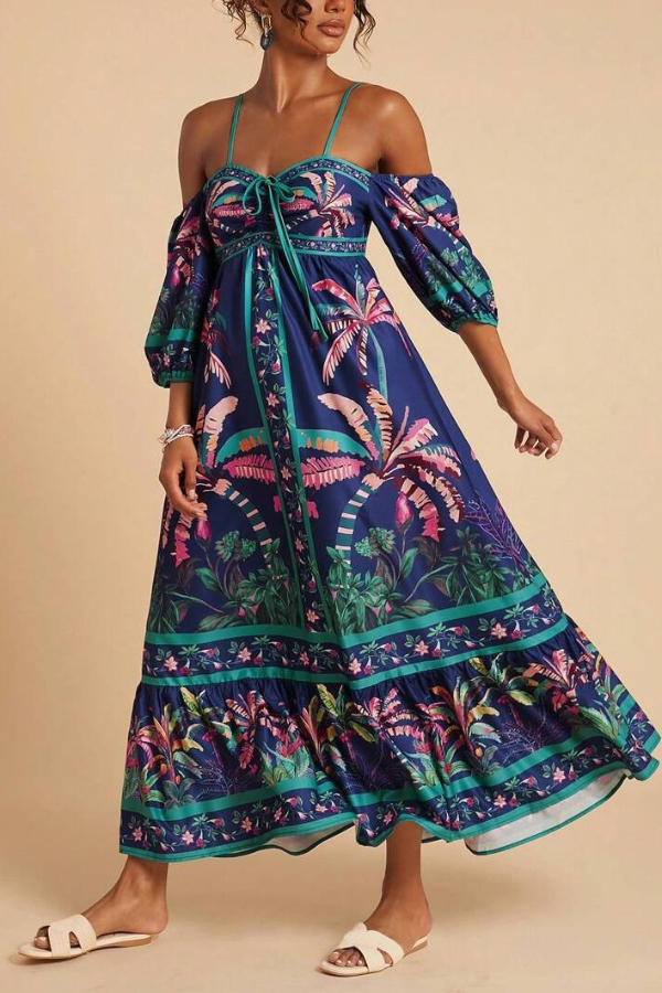 Coconut Tree Print Off-shoulder Half Sleeve Casual Vacation Maxi Dress
