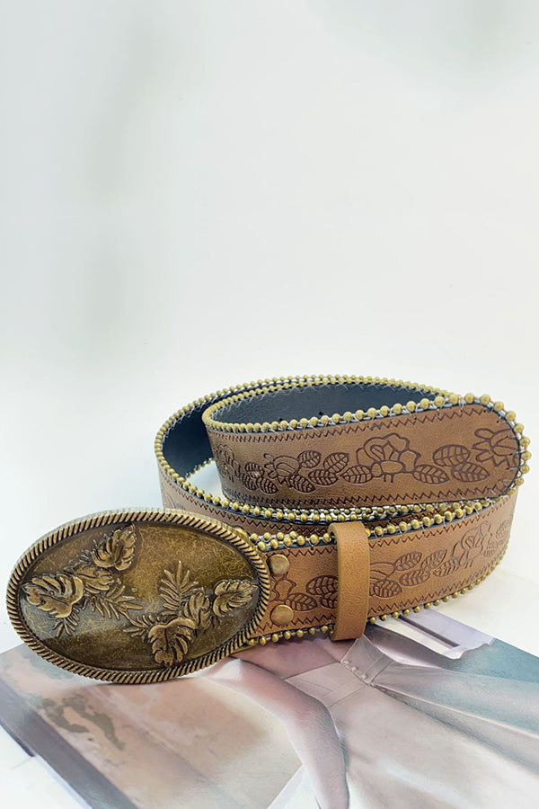 Retro Versatile Faux Leather Carved Brown Belt-consonak