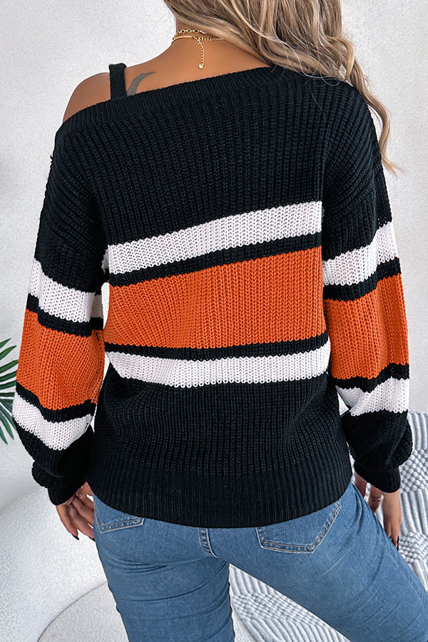 Striped Contrasting Metal Buckle Loose Long-sleeved Knitted Sweater-consonak