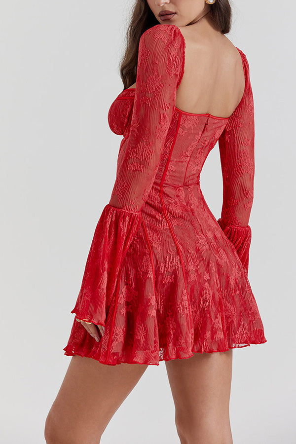 Analysis Lace Square Neck Lace Slim Fit Back Zip Long Sleeve Mini Dress-consonak