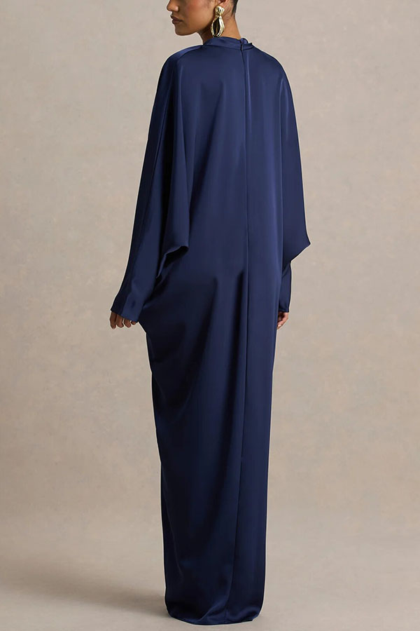 Tina Satin Plunge V-neck Gold Trim Detail Long Batwing Sleeve Maxi Dress | Consonak
