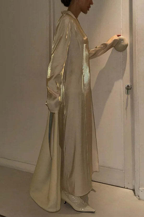 Solid Color Glossy V-neck Long Sleeve Casual Slit Maxi Dress-consonak