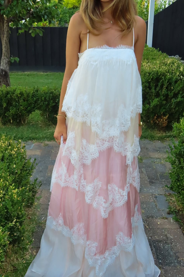 Caroline Gradient Layered Lace Trim Tiers Adjustable Straps Backless A-line Maxi Dress | Consonak