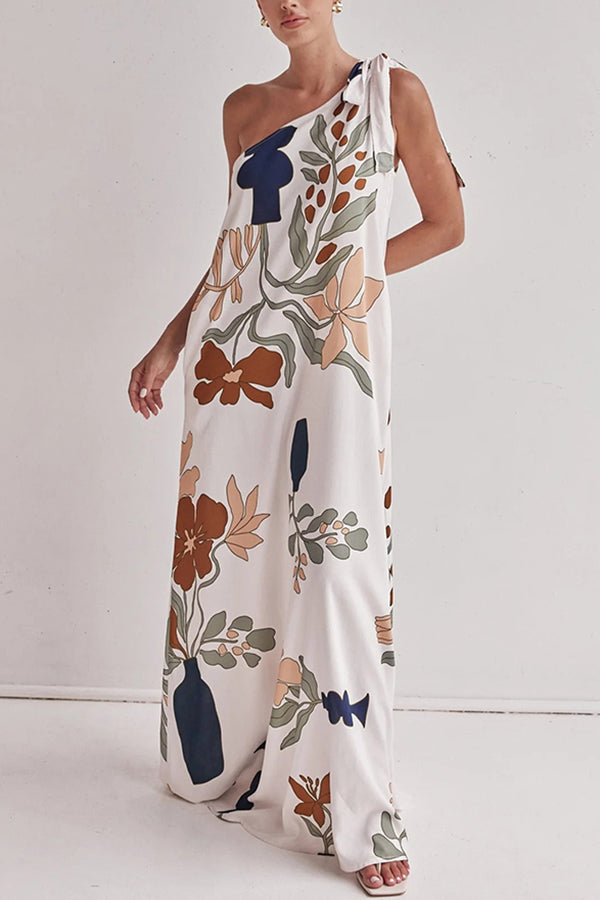 Matches The Vacation Unique Print One Shoulder Tie-up Pocketed Loose Maxi Dress | Consonak
