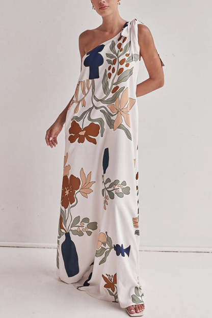 Matches The Vacation Unique Print One Shoulder Tie-up Pocketed Loose Maxi Dress-consonak