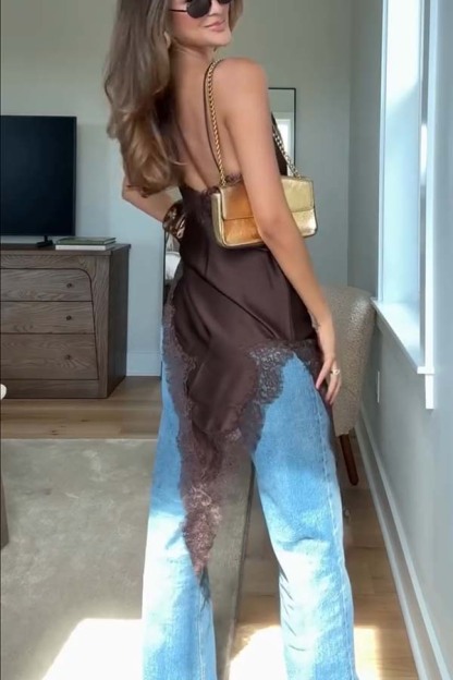 Elouise Satin Lace Trim V-neck Asymmetrical Hem Slip Mini Dress-consonak