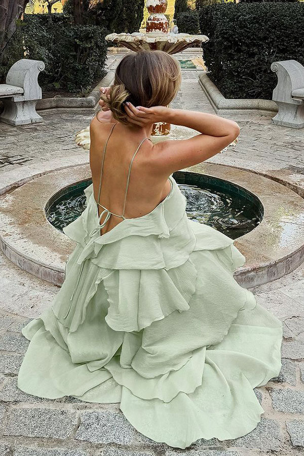 Romantic Summer Chiffon Tiered Ruffle Deep V-Back Halter A-line Maxi Design