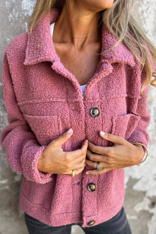Solid Lapel Single-breasted Pocket Polar Fleece Coat-consonak