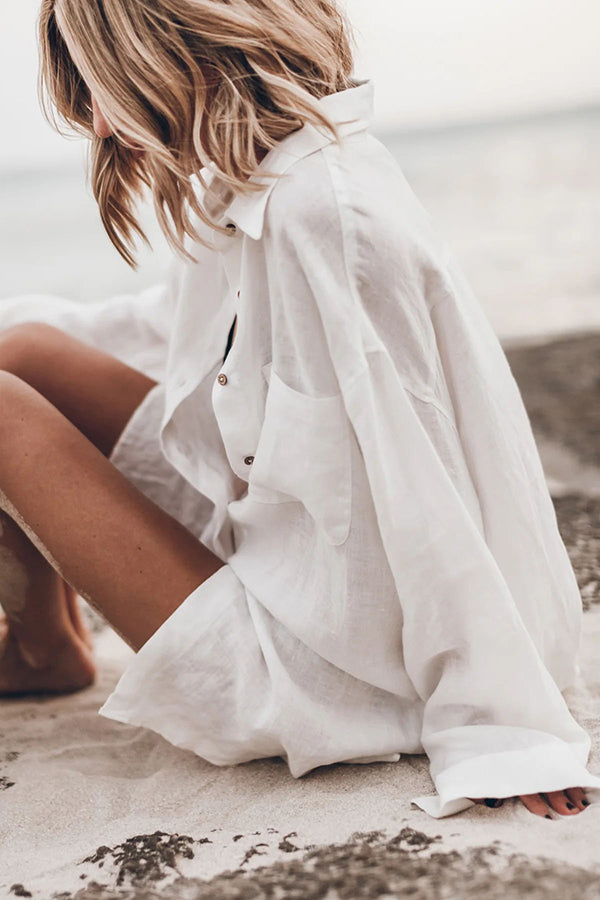 Go To The Beach Linen Blend Pocketed Long Sleeve Oversized Shirt-consonak