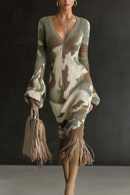 Unique Printed V-neck Long-sleeved Elegant Tassel Hem Midi Dress-consonak