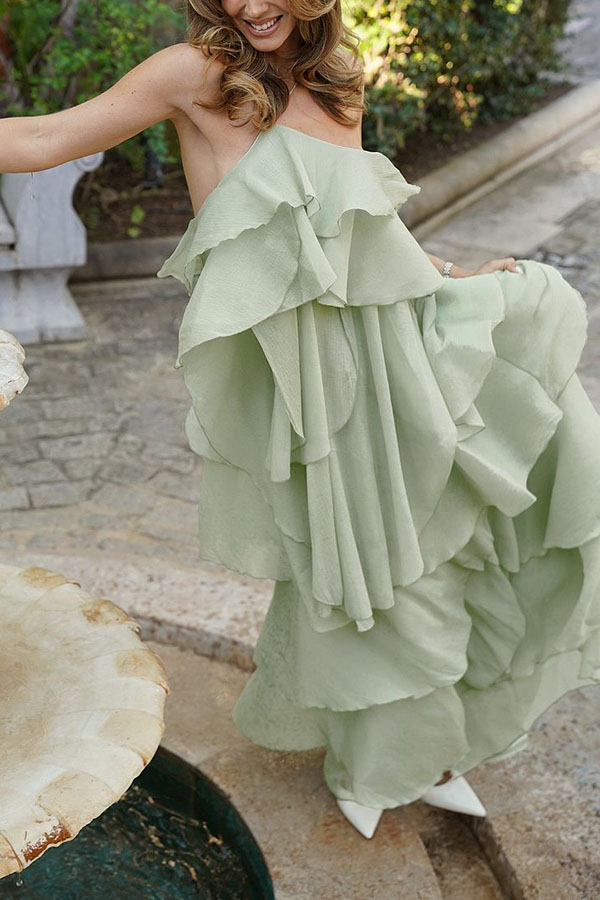Romantic Summer Chiffon Tiered Ruffle Deep V-Back Halter A-line Maxi Design | Consonak
