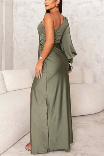 Country Party Charm Satin One Shoulder Twist Detail Slit Maxi Dress-consonak