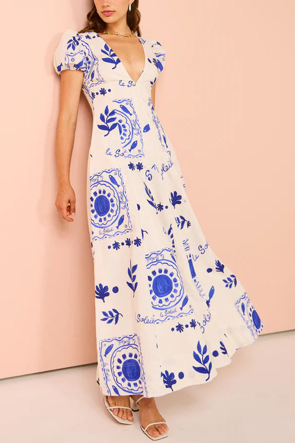 Embrace The Glamour Linen Blend Unique Print Puff Sleeve Pocketed Maxi Dress | Consonak