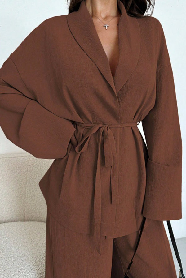 Solid Color Collared Long-sleeved Tie-waist Loose Top and Elastic Waist Casual Wide-leg Pants Set-consonak