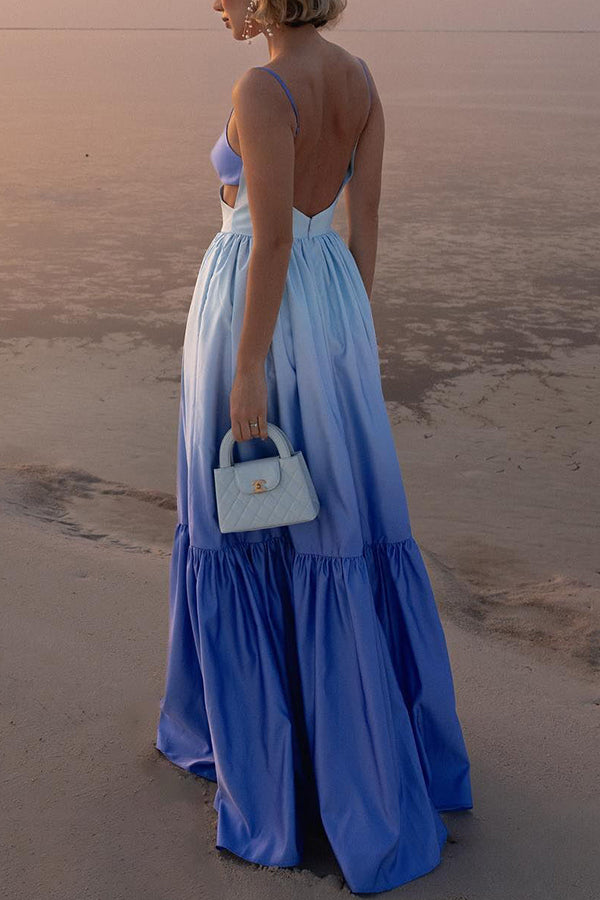 Ocean Breeze Gradient Color Print Cutout Waist Tiered Maxi Dress-consonak