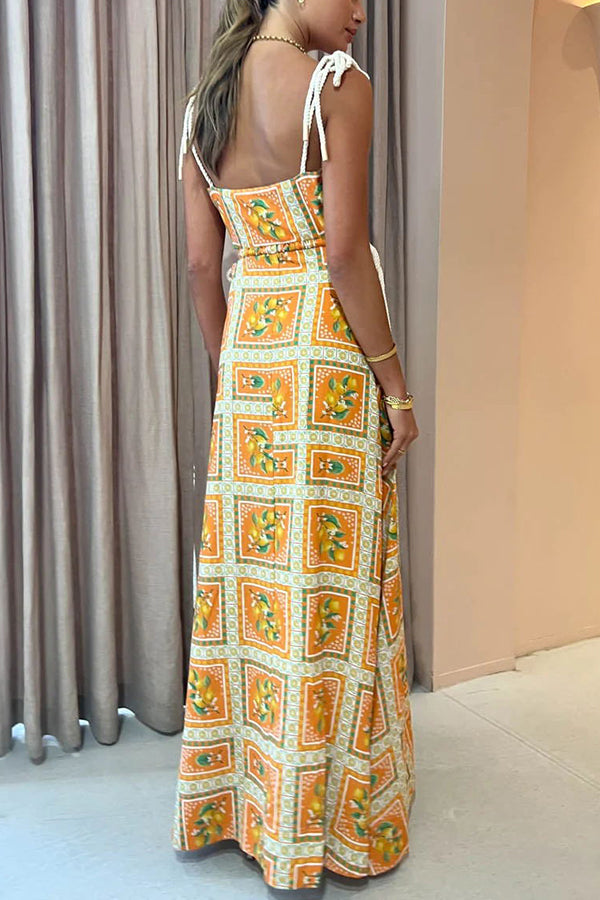 Orange Summer Printed Linen Blend Cutout Tie-up Design Maxi Dress-consonak