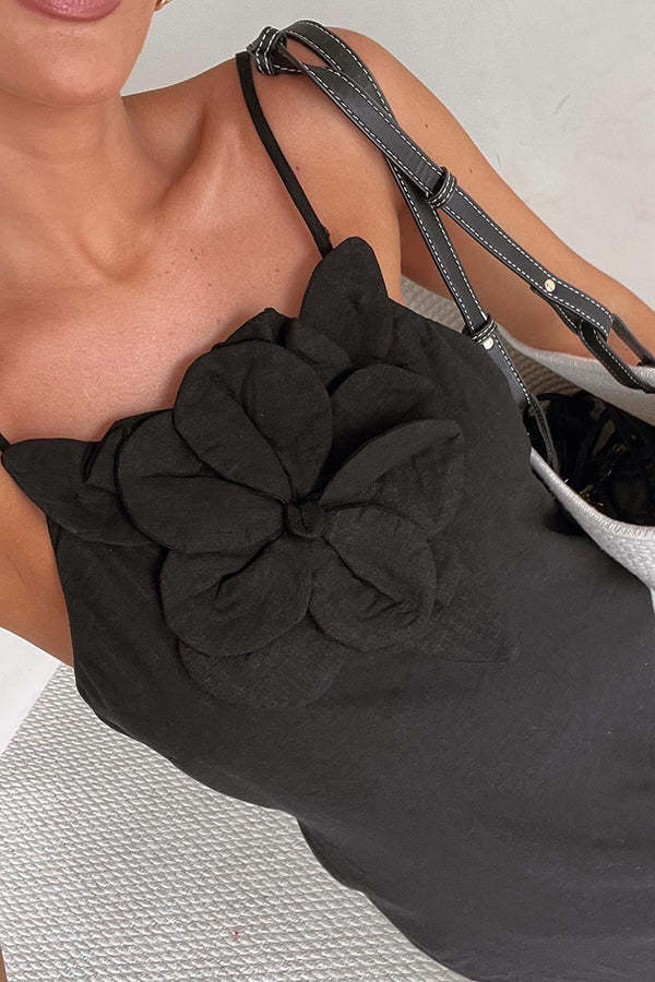 Vacay Ready Linen Blend Floral Embellishment Pocketed Slit Maxi Dress-consonak