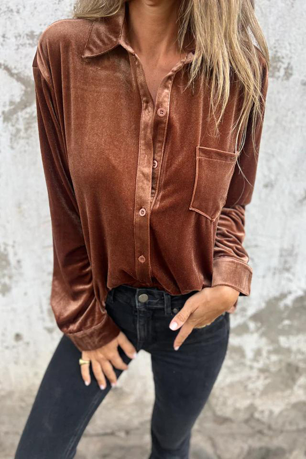 Solid Velvet Long-sleeved Single-breasted Loose Pocket Shirt-consonak